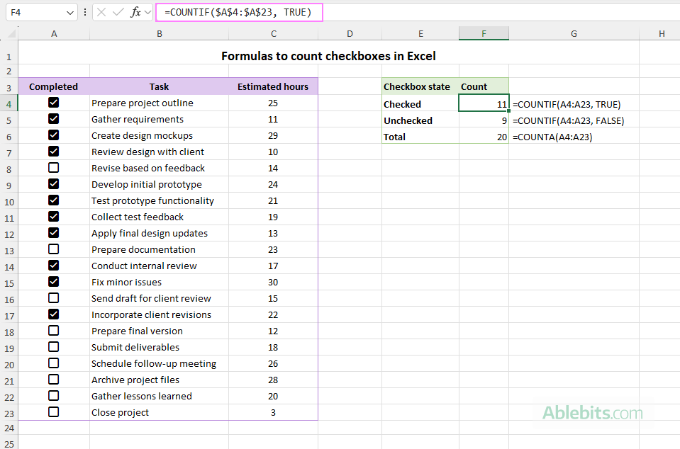Formulas to count checkboxes in Excel.
