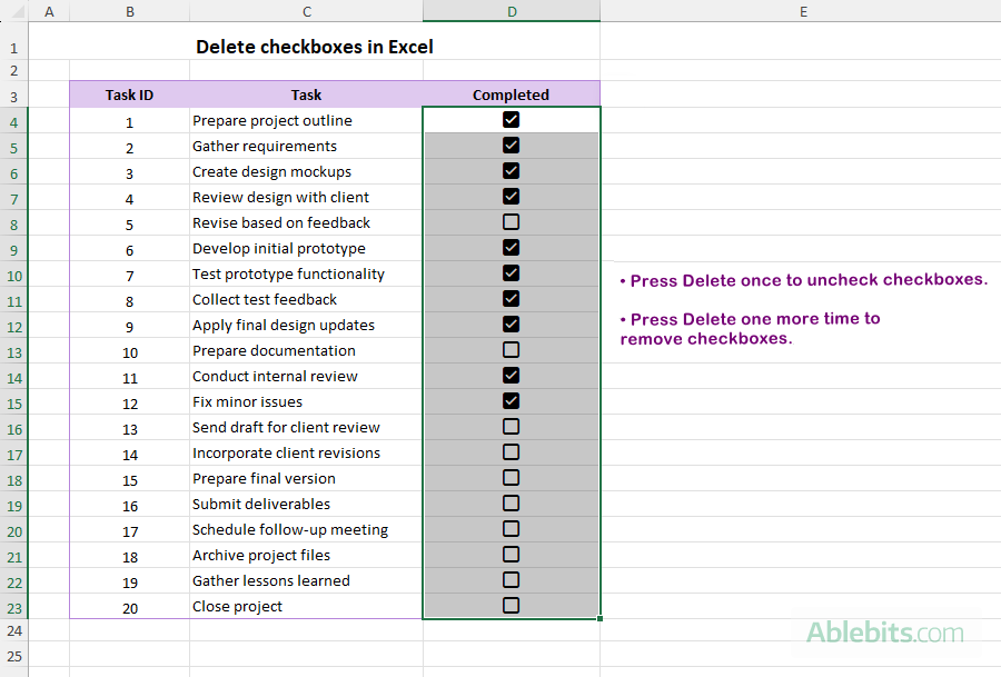 Delete a checkbox in Excel.