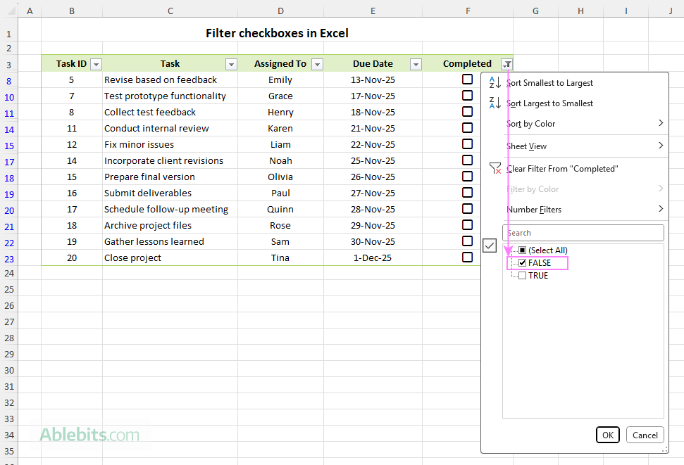 Filter checkboxes in Excel.