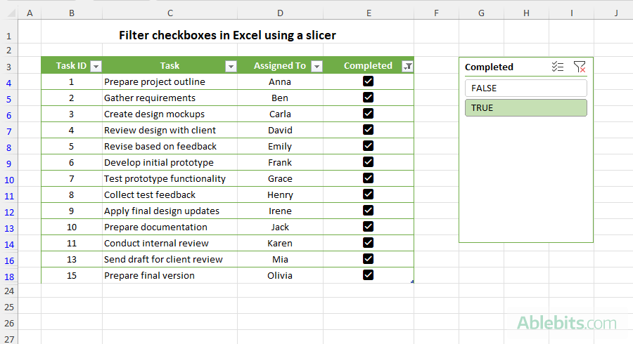 Filter checkboxes in an Excel table with a slicer.