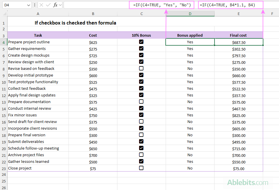 Apply a formula if a checkbox is checked.