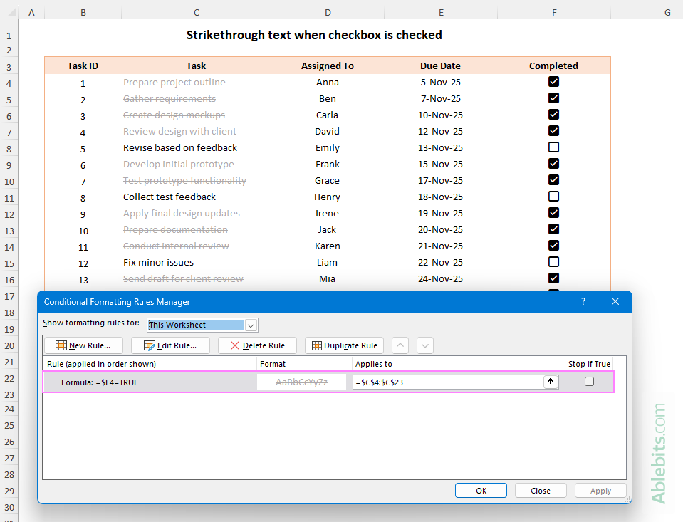 Strikethrough text when a checkbox is checked in Excel.