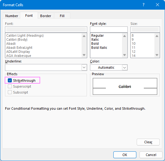 Select the Strikethrough effect.