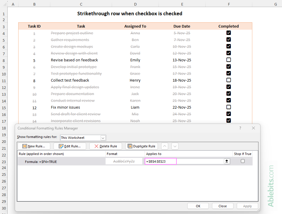 Strikethrough entire rows if a checkbox is ticked.