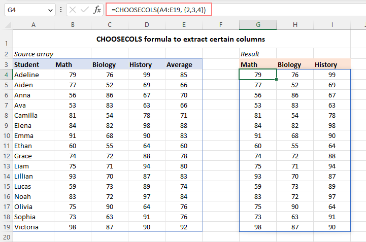 Use a CHOOSECOLS formula in Excel to return certain columns.