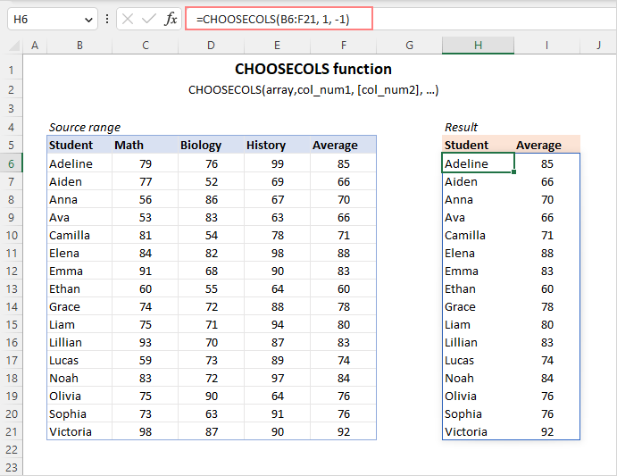 Excel CHOOSECOLS function