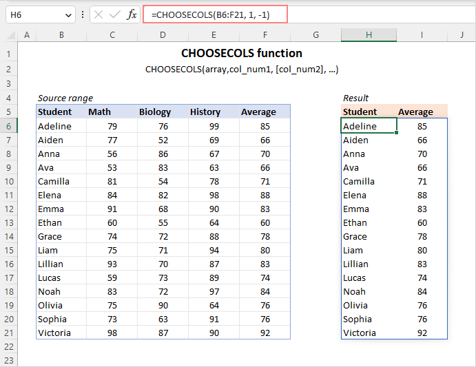 Excel CHOOSECOLS function to get columns from array or range