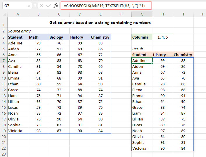 Get specific columns based on a string containing numbers.