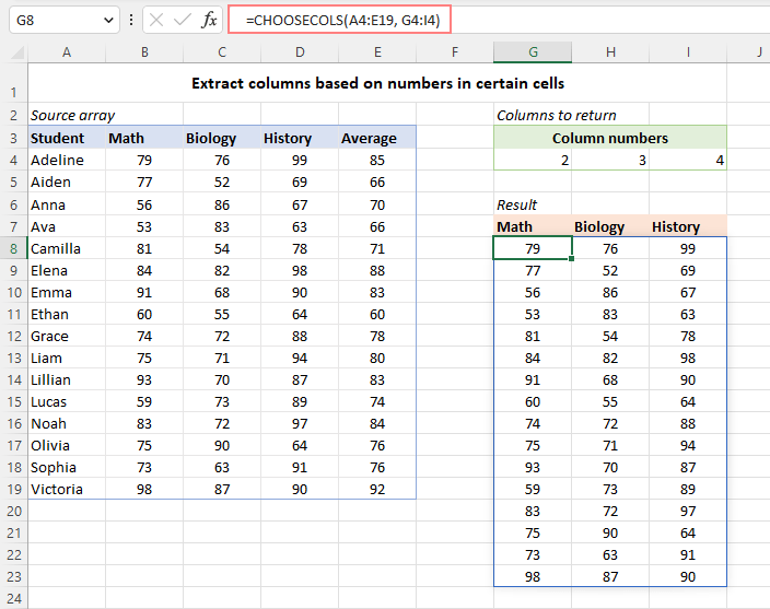 Get columns based on the numbers in predefined cells.