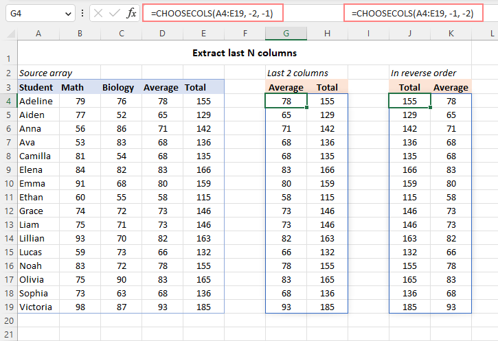 Extract the last 2 columns from an array.