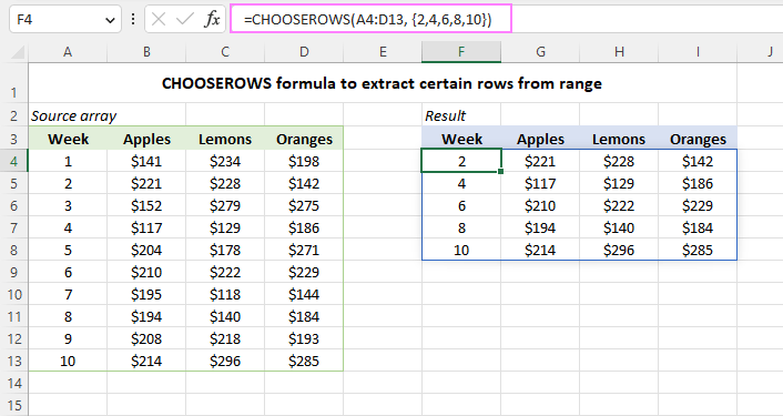 Using a CHOOSEROWS formula in Excel to extract certain rows.
