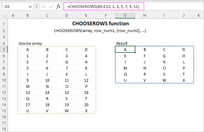 Excel CHOOSEROWS function to extract certain rows from array