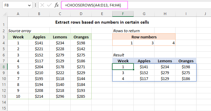 Extract rows based on the numbers input in predefined cells.