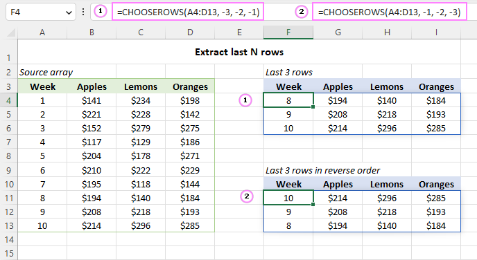 Extract the last 3 rows from an array.