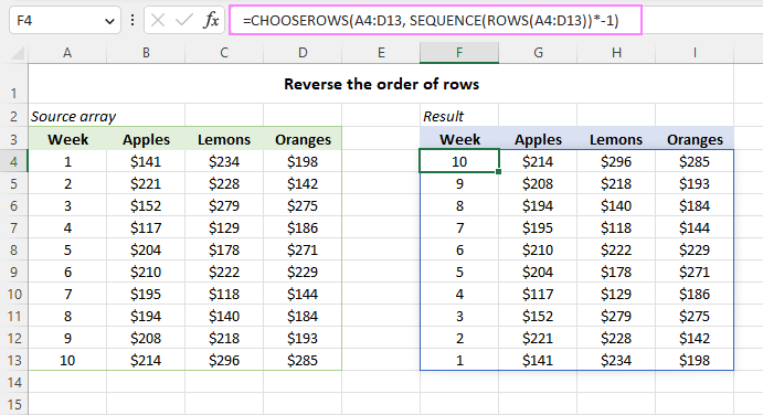 Reverse the order of rows in an array.