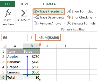 Use the Trace Precedents and Trace Dependents options to display relationships between formulas and cells in Excel.