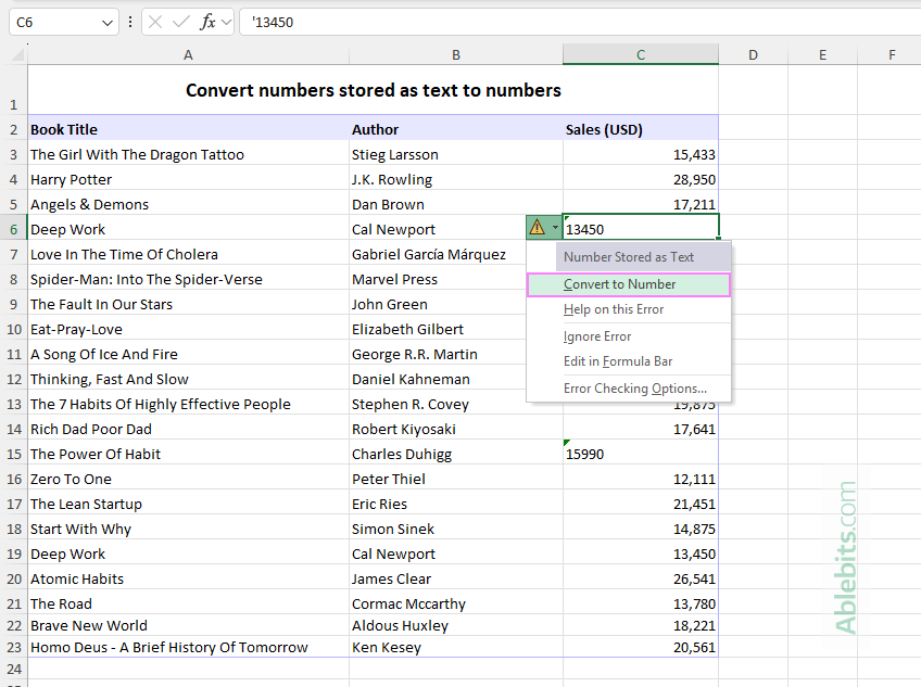Convert numbers stored as text to numbers in Excel.