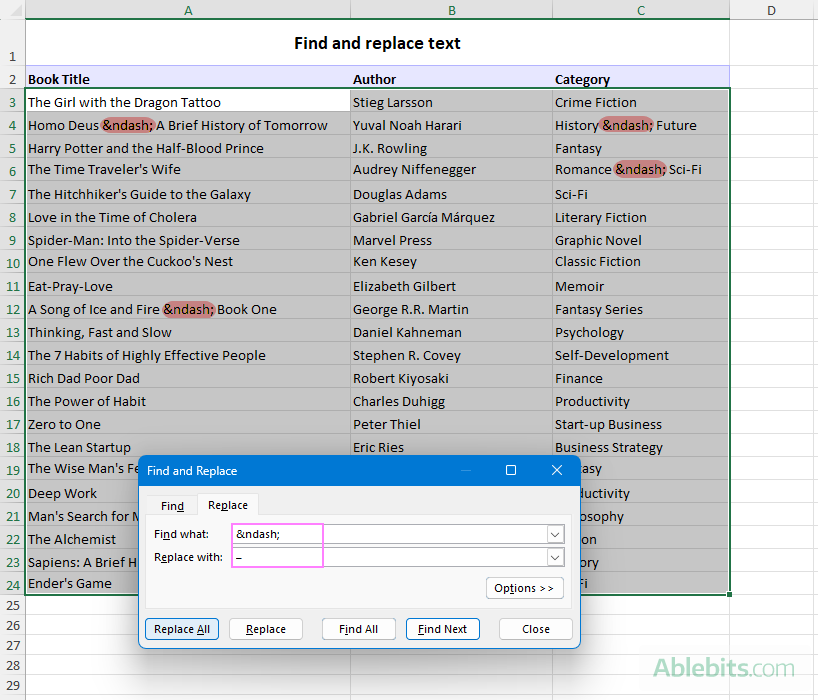 Use Excel's Find and Replace feature to replace certain characters or text.