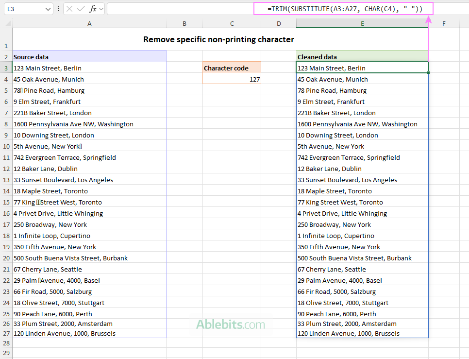 Remove a specific non-printing character.