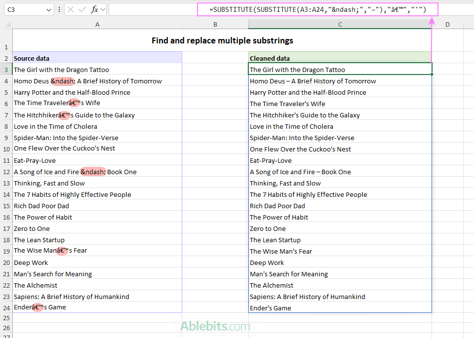 Replace multiple characters or substrings using a formula.