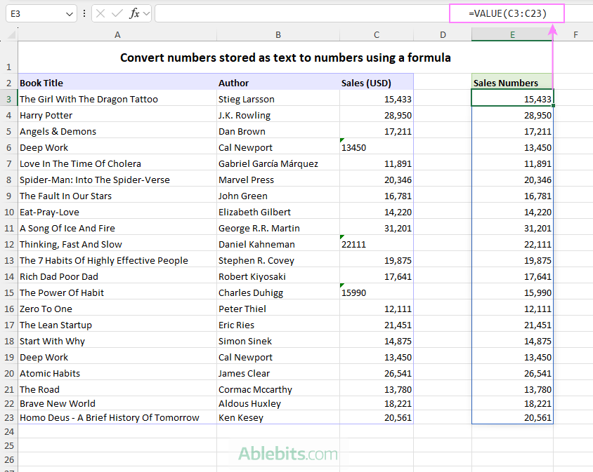Convert numbers stored as text to numbers using a formula.