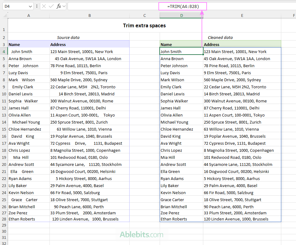 Trim extra spaces in Excel.