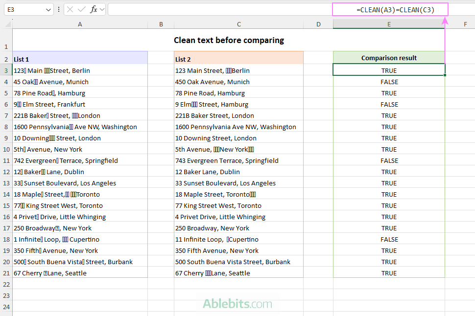 Clean Excel text strings before comparing.