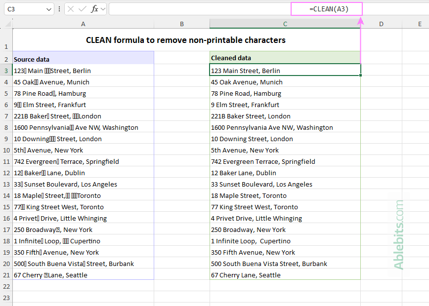 A CLEAN formula to remove non-printable characters in Excel.
