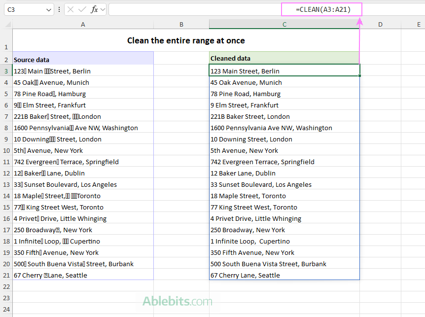 Apply a CLEAN formula to an entire range.