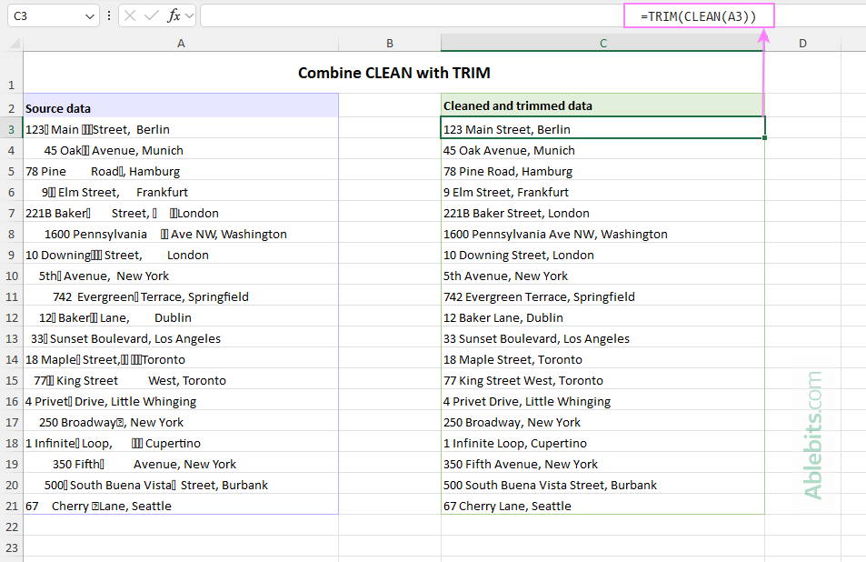 Use the CLEAN and TRIM functions together.
