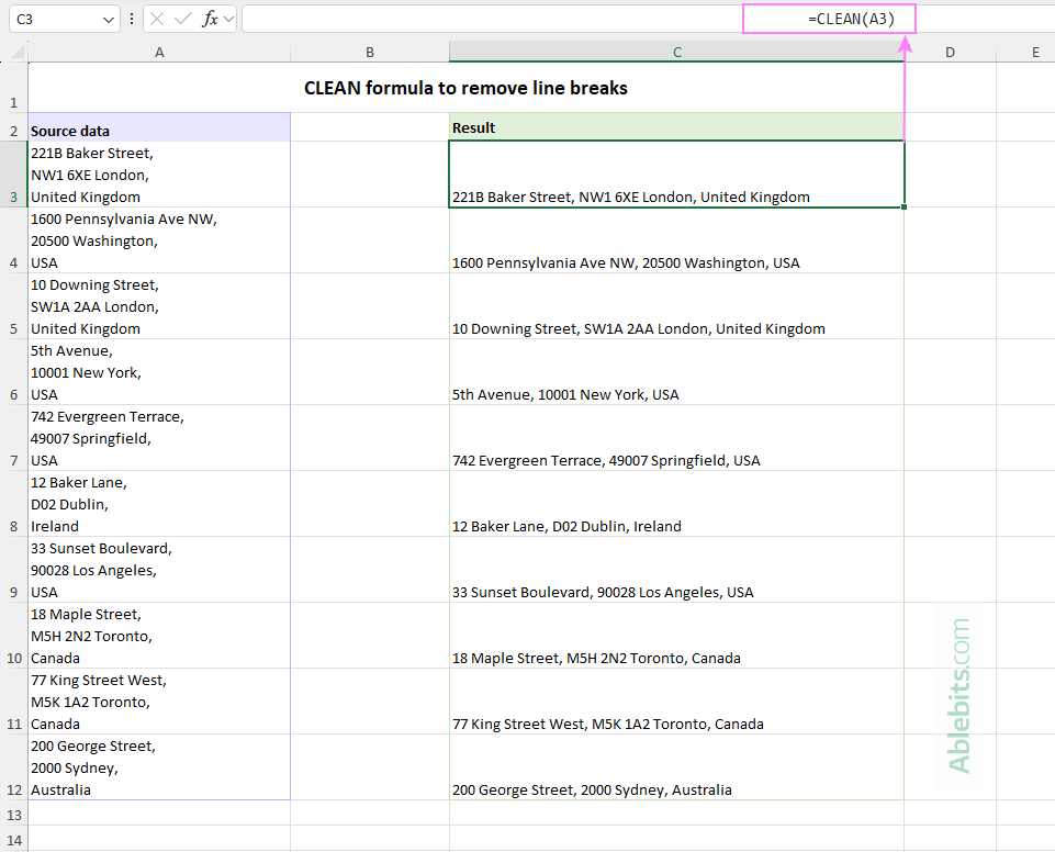 A CLEAN formula to remove line breaks.
