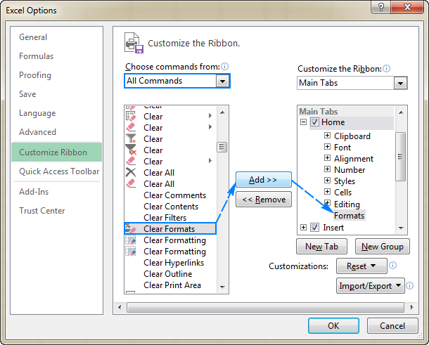 Adding the Clear Formats button to the custom ribbon group