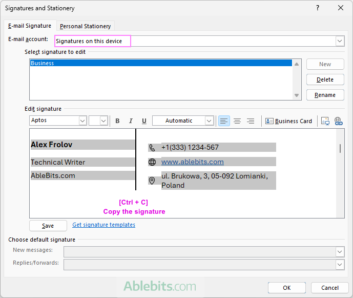 Copy an existing local Outlook signature to the cloud.