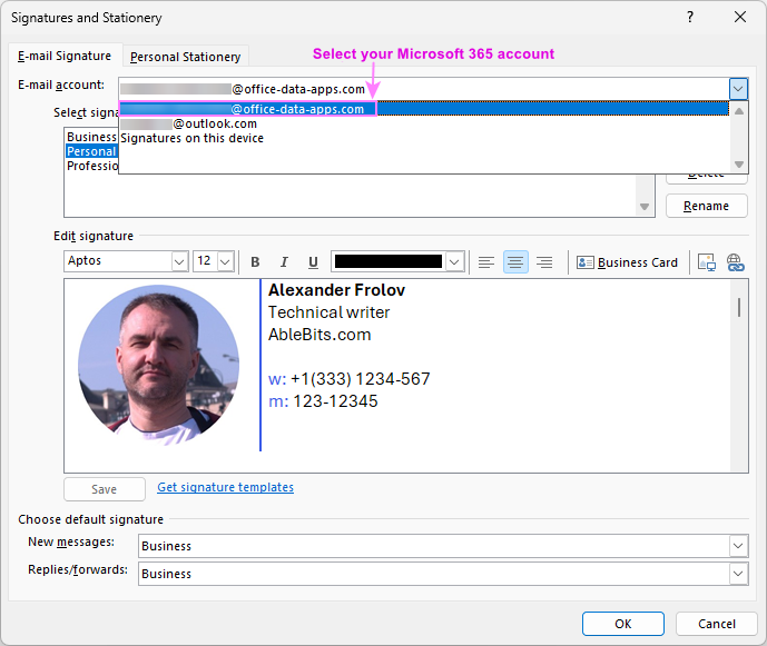 Save an Outlook email signature to the cloud.