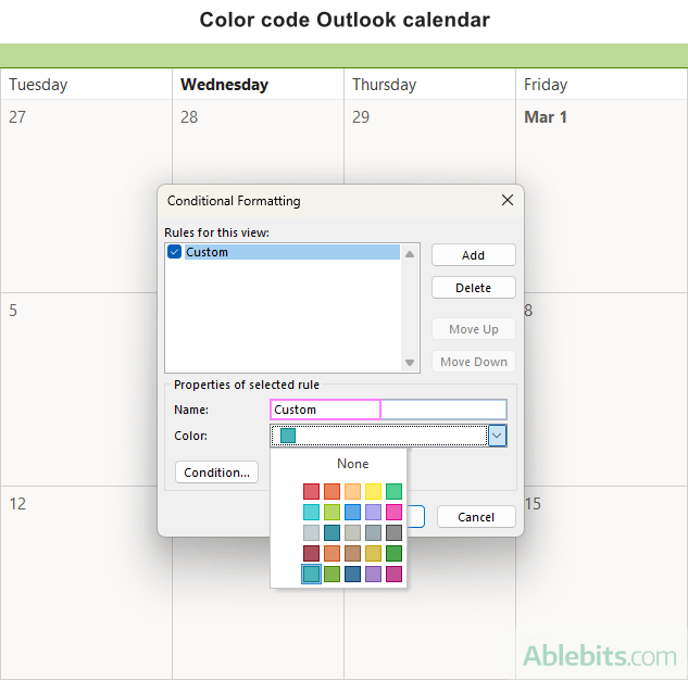 Color code Outlook calendar with conditional formatting.