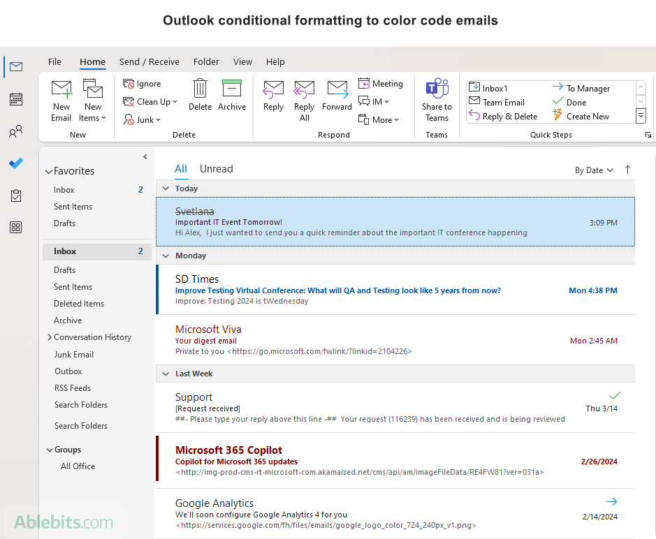 Conditional formatting to color code Outlook emails