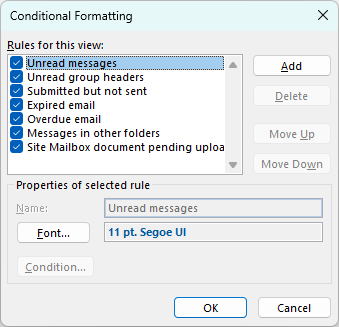 Default conditional formatting for Outlook emails