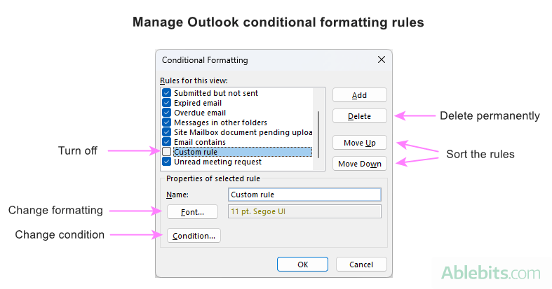 Manage, edit and delete conditional formats in Outlook.