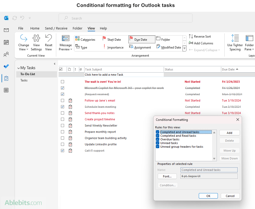 Conditional formatting for Outlook tasks