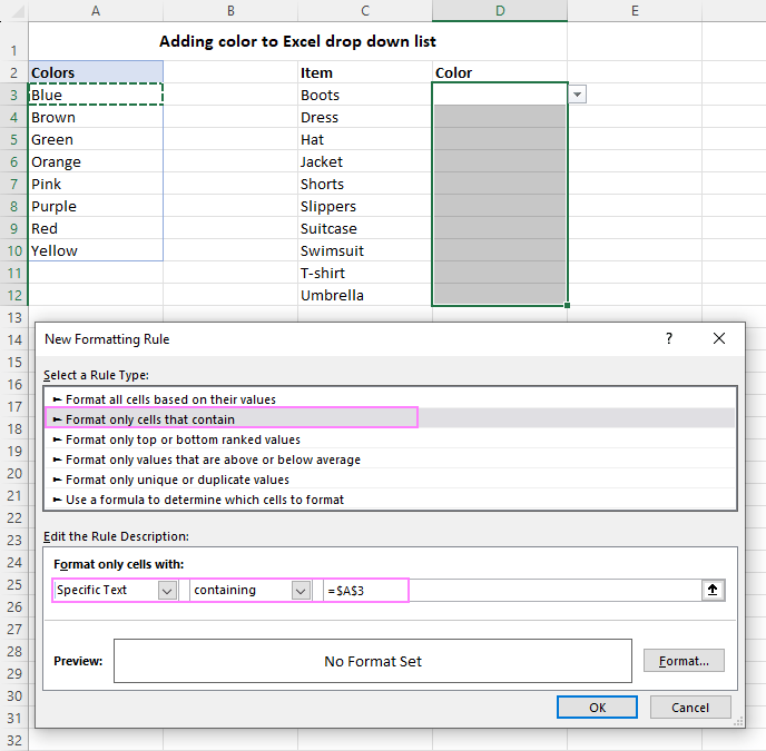 Add colors to Excel drop-down list with conditional formatting.
