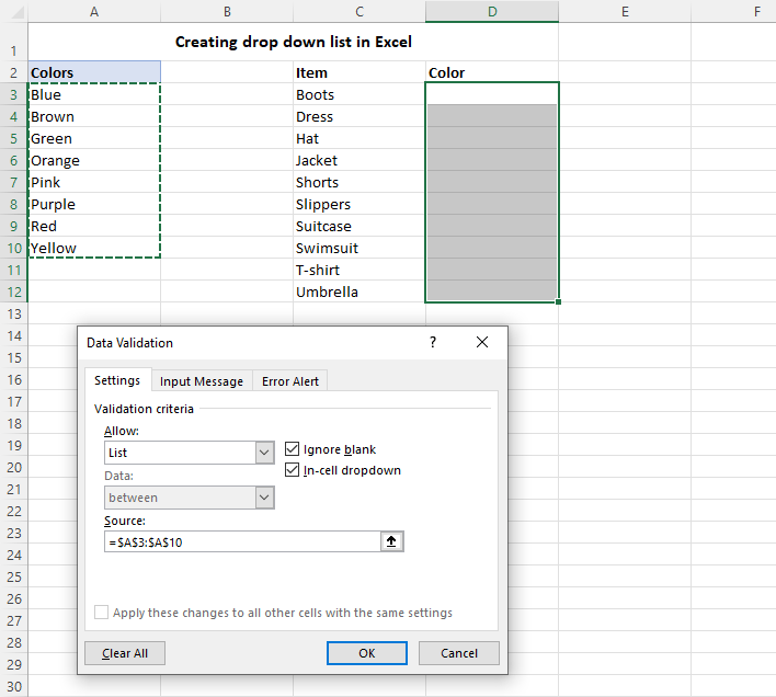 Create a data validation list in Excel.