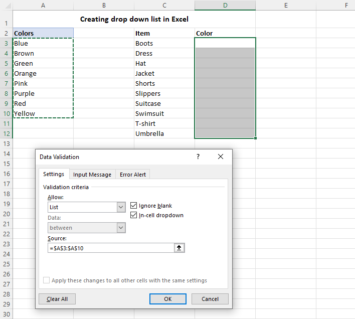 How to create colored drop down list in Excel and Google Sheets