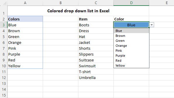 Excel drop down list with color