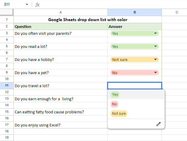 Google Sheets drop down list with color.