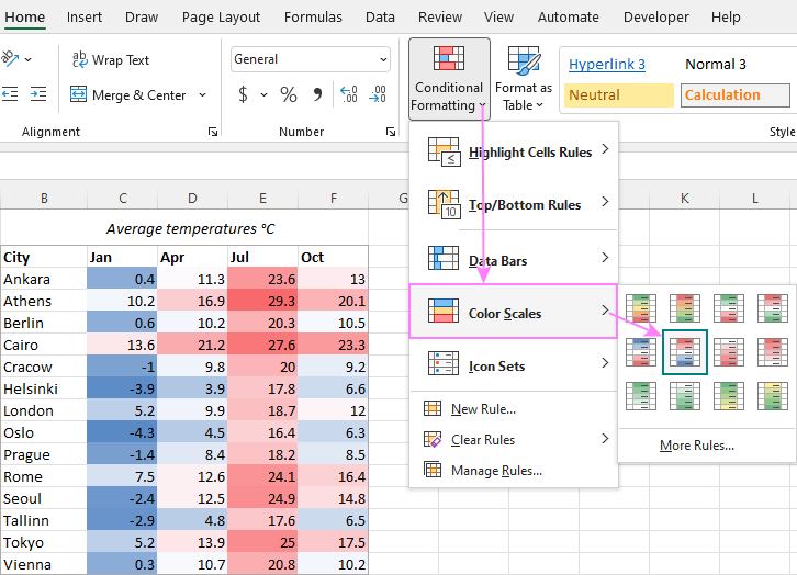 Add color scale in Excel.