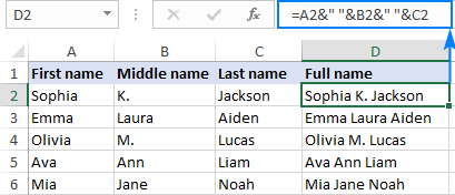 How to combine first and last name in Excel