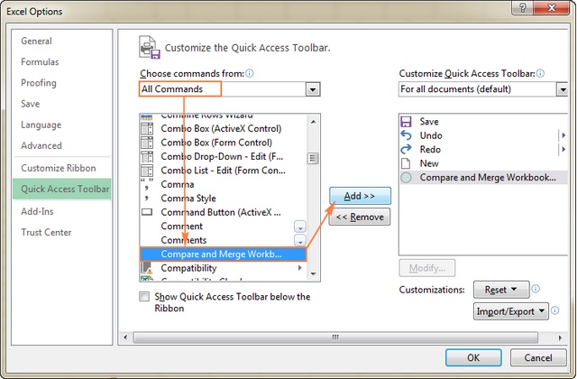 Add the Compare and Merge Workbooks feature to the Quick Access toolbar.