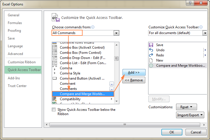 Add the Compare and Merge Workbooks feature to the Quick Access toolbar.