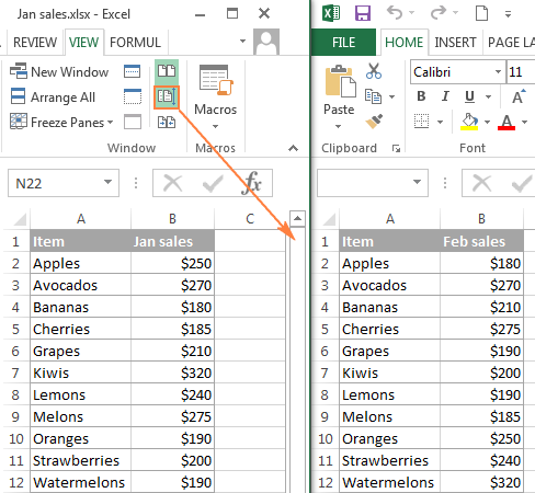 Scroll through both worksheets simultaneously to compare data row-by-row.