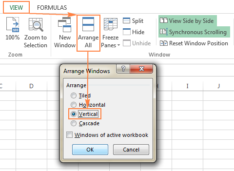 Arrange two Excel windows vertically.